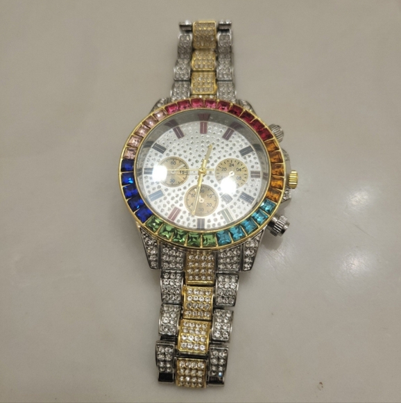 Men's Luxury Iced Crystal Rainbow Inlaid Simulated Diamond Steel Quart Watch - Picture 6 of 10